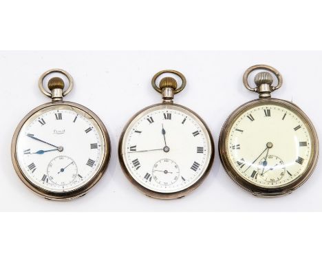 Three silver open faced pocket watches, all with white enamel dials, Roman markers and subsidiary dials, all with engine turn