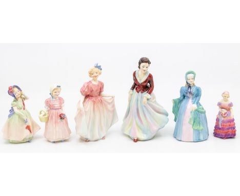A group of ceramic figures to include: Royal Doulton 'Sweeting' , 'Babie', 'Tinkle Bell', 'Bridesmaid', Ricard Studio 'Charma