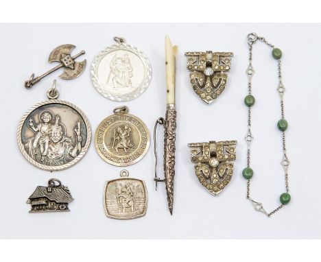 A collection of silver and white metal items to include four silver St Christopher pendants , weight approx 0.95ozt, along wi