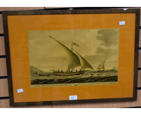19th Century print of ships near Gibraltar, in a brass frame