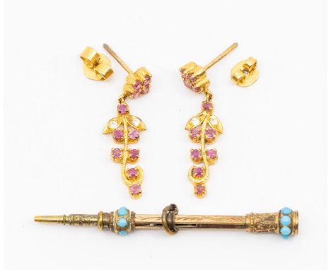 A Victorian gilt metal pencil set with turquoise details, with enamel terminal, length approx 50mm, along with a pair of pink