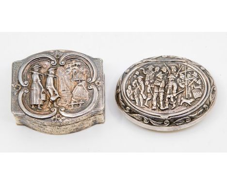 A white metal patch box depicting figure carrying water, basket weave decoration, stamped on base H13 and punc with lion &amp