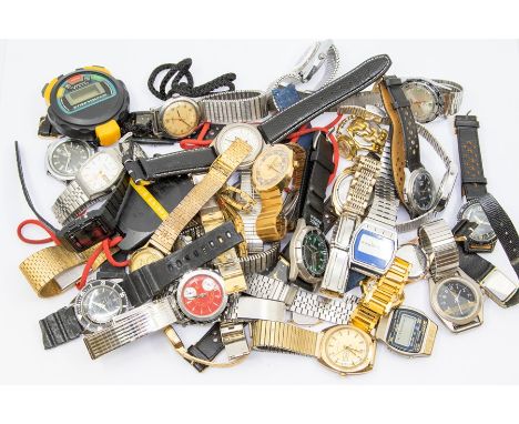 A collection of various ladies and gents vintage wristwatches to include plated and white metal and plastic versions, along w