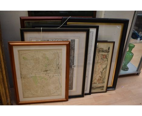 A collection of late 19th and 20th Century pictures and prints, maps - rolled up poster and framed tea cards