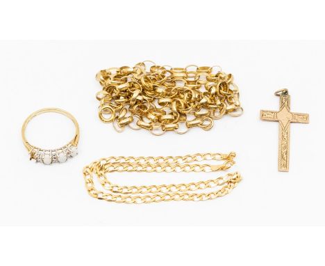 A collection of 9ct gold items including a belcher chain, flat curb link chain bracelet and a crucifix along with a stone set