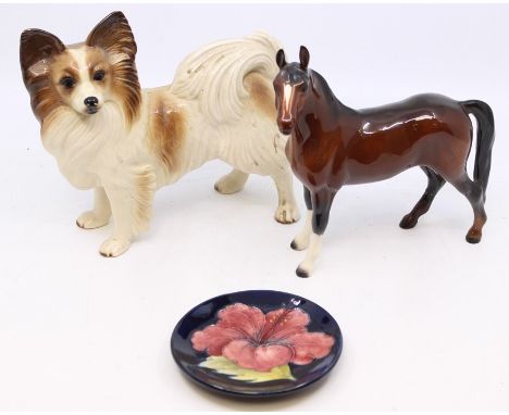 A small Moorcroft tray, diameter 12cm; together with a Goebel ceramic horse, height approx. 20cm; and an unmarked ceramic sta