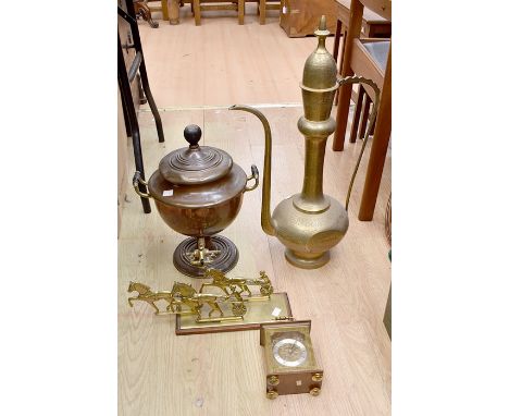 Collection of brass and copper items including North African ewer, letter rack, water urn and brass battery clock&nbsp;