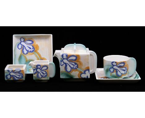 Clarice Cliff: A Frank Brangwyn design Clarice Cliff 'Bachelor' tea set comprising teapot, cup and saucer, milk jug, sugar bo