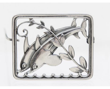 Georg Jensen- a silver double dolphin brooch, rectangular open form, approx 40 x 30mm, pin and roller clasp, by Arno Malinows