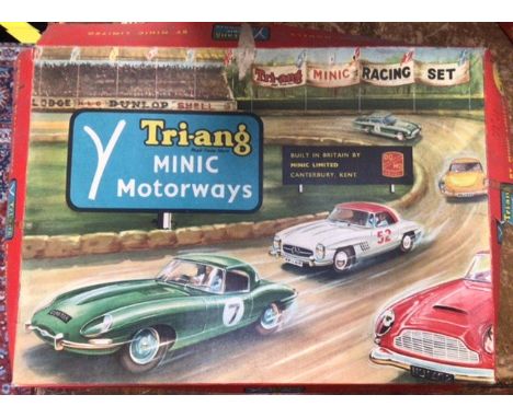 Triang Minic Motorway set M.1525 incomplete. Cars needing attention. Along with Chad Valley bowling game. (A/f).