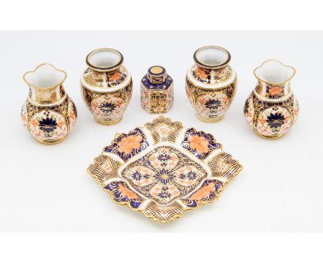 A group of Royal Crown Derby Osmaston Road circa 1891-1921: a pair of Imari small baluster shaped vases with shaped flared ri