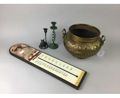 EARLY 20TH CENTURY BRASS POT, along with two candlesticks, carving of an elephant, Dr Pepper thermometer and two walking stic