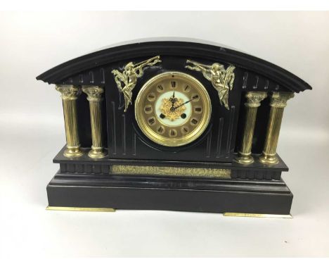 LATE 19TH CENTURY FRENCH BLACK SLATE MANTEL CLOCK,the movement converted to battery operation, 47cm wide