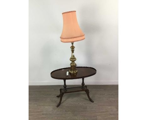 REPRODUCTION MAHOGANY OCCASIONAL TABLE,76cm wide, and a decorative brass effect table lamp (2)