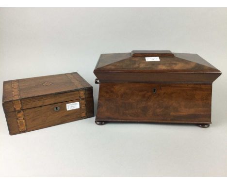 VICTORIAN MAHOGANY SARCOPHAGUS FORM TEA CADDY,along with a marquetry casket (2)