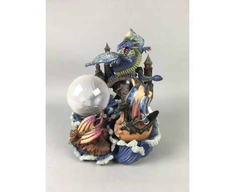 RESIN TABLE LAMP,modelled with a wizard and dragons, with orb form lamp