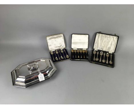 SET OF SIX SILVER AND ENAMEL TEASPOONS,in fitted case, along with another cased set of spoons and a plated tureen