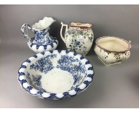 20TH CENTURY BLUE AND WHITE WASH BASIN AND EWER,along with a smaller wash basin and ewer, two other basins, two chamber pots 