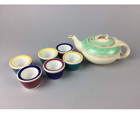 SIX RORSTRAND EGG CUPS,along with a Burleigh Ware squat teapot, decorated with the Balmoral pattern (7)