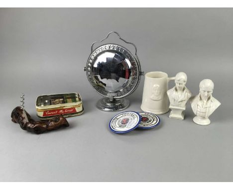 TWO ROOTWOOD CORK SCREWS, along with other items including a desk clock, two porcelain busts of Robert Burns and Rangers cera