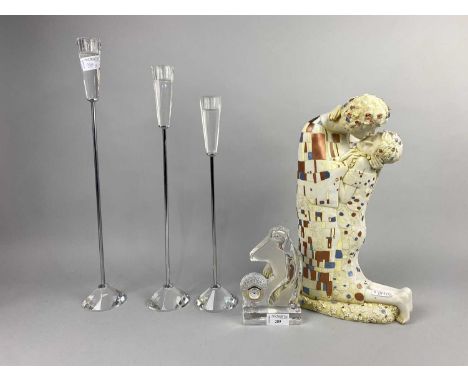 RESIN MODEL AFTER GUSTAV, along with three candlesticks and a mantel clock (5)