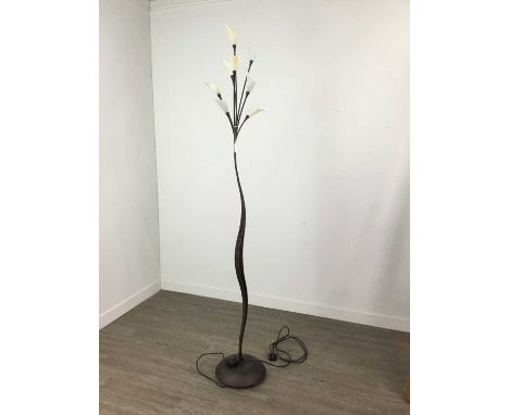 MODERN FLOOR LAMP,with small frosted glass flower shaped shades issuing from the central sinuous column
