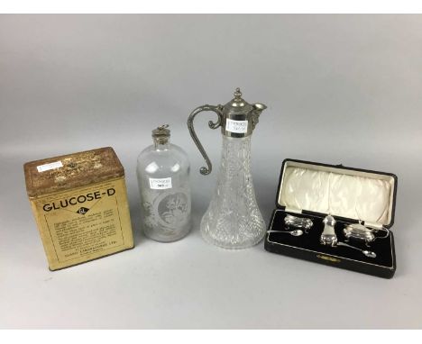 CYLINDRICAL GLASS FLASK,along with a claret jug, two reproduction wall clocks and the plated three piece cruet set