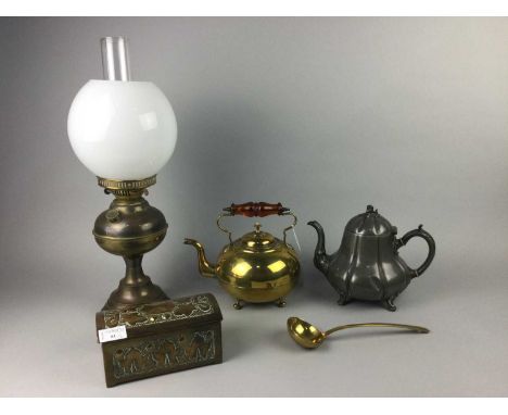 BRASS CASKET OF ARTS &amp; CRAFTS DESIGN,along with a soup ladle, kettle, teapot and an oil lamp (5)