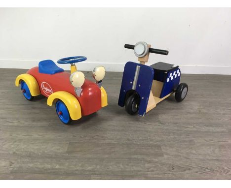 CHILD'S TOY CAR,along with a wooden police bike (2)