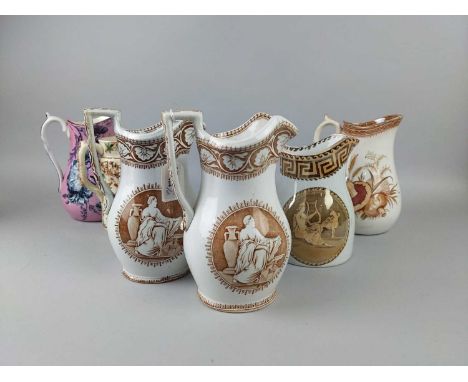 PAIR OF 20TH CENTURY CERAMIC JUGS,decorated with a seated female, 22cm high, along with other various jugs