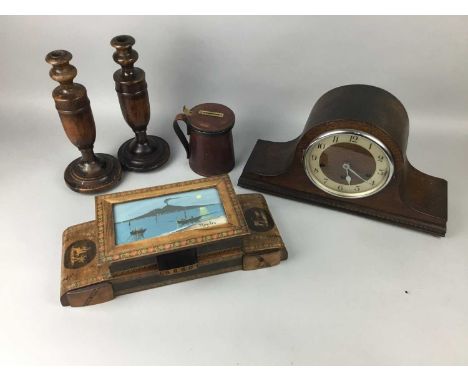 ITALIAN MARQUETRY JEWELLERY BOX,along with a pair of turned candlesticks, a stained wood table top bank of drawers, an oak ca