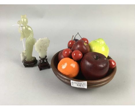 BOWL OF ARTIFICIAL FRUIT,along with two Chinese jade carvings, two blue and white tea bowls, a blue and white beaker and a sm