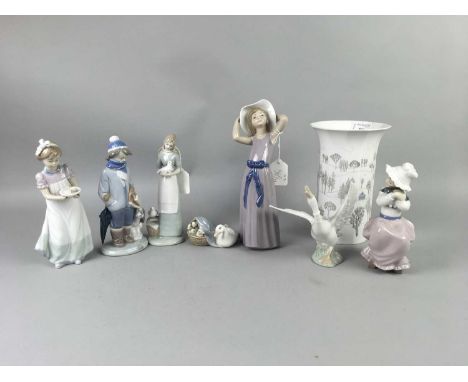 FIVE LLADRO FIGURES,tallest measuring 27cm, along with a Nao figure and another figure, also including a Rosenthal ceramic va