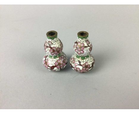 PAIR OF MINIATURE CHINESE CLOISONNE ENAMEL PRUNUS VASES,double gourd form, four character zhuanshu marks to bases, 5cm high (