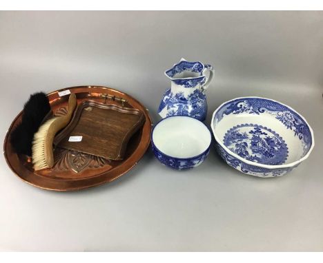 MASON'S WASH BASIN AND EWER,along with a Doulton 'Willow' pattern bowl and a blue and white serving dish