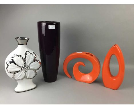 CONTEMPORARY CERAMIC VASE, along with five other vases and an oversized wine glass (7)