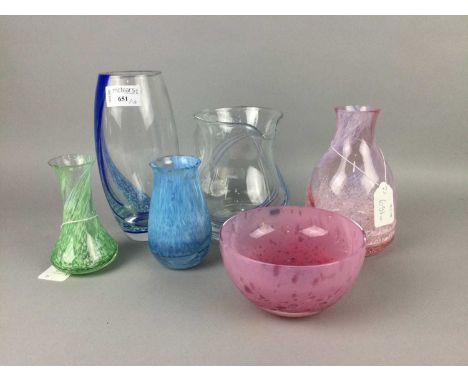 COLLECTION OF MOTTLED CAITHNESS AND OTHER GLASS,including mostly vases in pink, blue, purple, green and orange, also includin