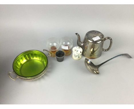 LOT OF PLATED ITEMS,including an Hotel pattern tea pot, soup ladle, bread dish, Sessionist style comport, five sherry glasses