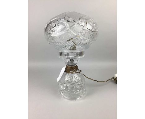 CRYSTAL MUSHROOM SHAPED TABLE LAMP,35cm high, along with a pair of stemmed dishes, bowl, lidded jar, bell and other glass war