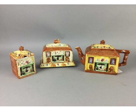 COTTAGE WARE TEAPOT, BUTTER DISH AND PRESERVE JAR,along with two glug jugs (5)