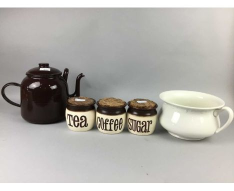 LARGE BROWN ENAMEL TEAPOT,along with two chamber pots, three T.G.Green storage jars and a Sylvac planter (7)
