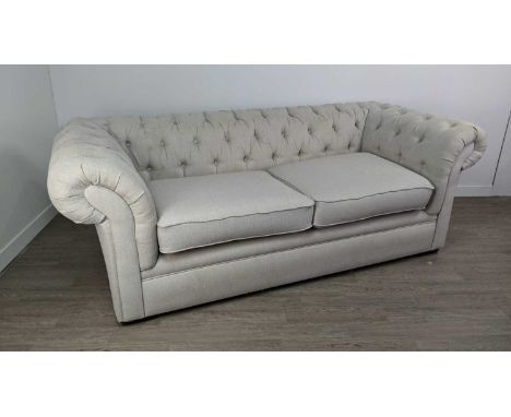 TWO MODERN BUTTON BACK SETTEES,upholstered in grey fabricCondition report: 208cm W x 74cm T x 98cm D