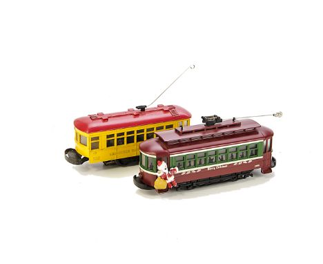 Two American O Gauge 3-rail Trolley Cars: including a Lionel 1950's Birney Car in 'Lionelville Rapid Transit' yellow with red