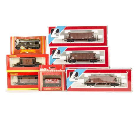 Lima and Hornby 00 Gauge Wagons: Lima  305666W bogie Hopper wagons in brown (5), Hornby Guards Vans (3) and Emlyn open truck,
