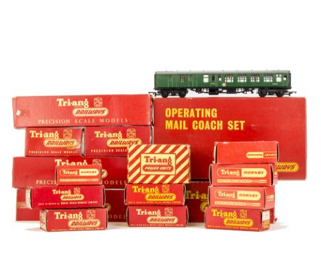 Tri-ang Railways 00 Gauge Locomotives and Accessories: R59 BR green 2-6-2T, R402 TPO set with maroon coach with spare  coach,
