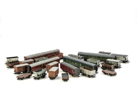 00 Gauge Coaches and Wagons by various makers: Hornby, SR coach, BR SR repainted green coach, maroon Autocoach and Mainline m