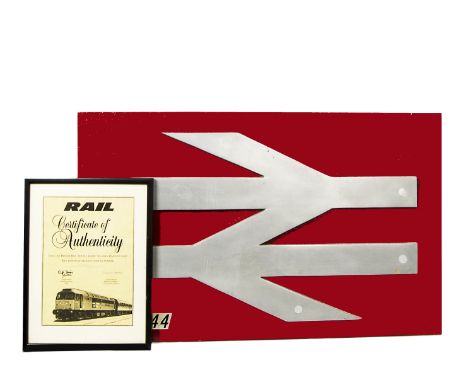 An Original British Railways 'Double Arrow' Aluminium plate from Class 47 Diesel 47744, mounted on red painted chipboard with