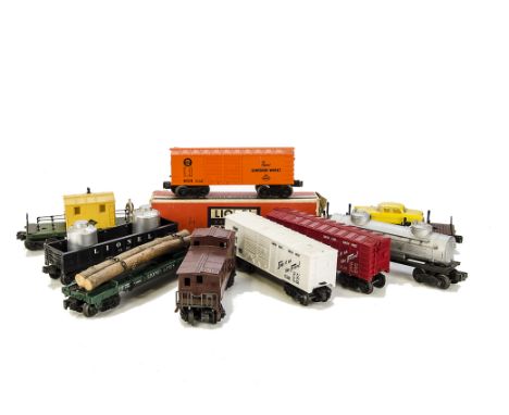 Older-type Lionel American O Gauge Freight Stock: including two 'Frisco' box cars and one 'Shredded Wheat', Sunoco tanker, Le