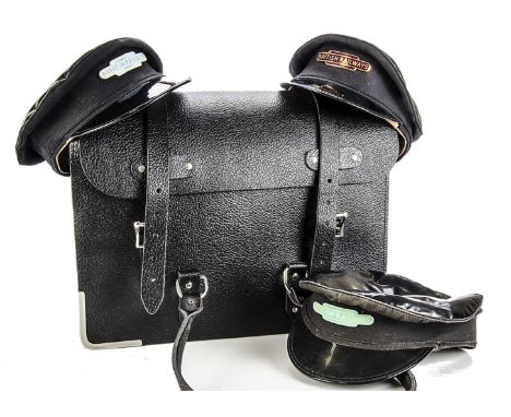 A British Railways Driver's Bag and Caps: black leather holdall , VG, three Driver's caps Size 7?, each with BR enamel Badges