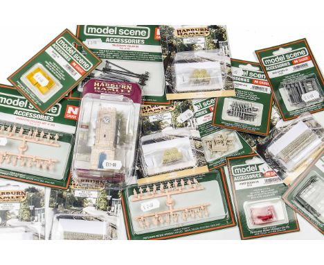 N Scale Scenic Accessories by Model Scene and Harburn Hamlet: ex-shop stock including people, walls, clock tower, post boxes 